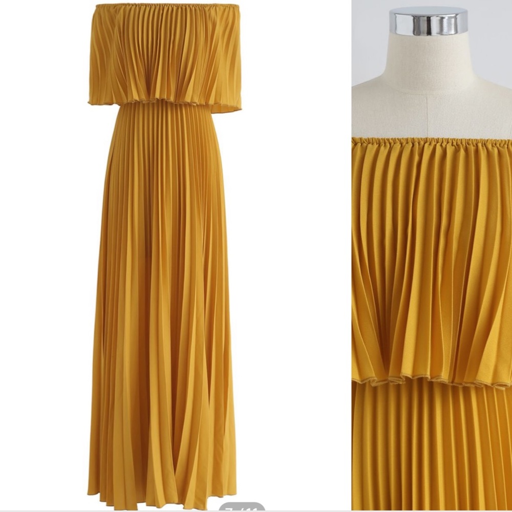 yellow strapless pleated dress